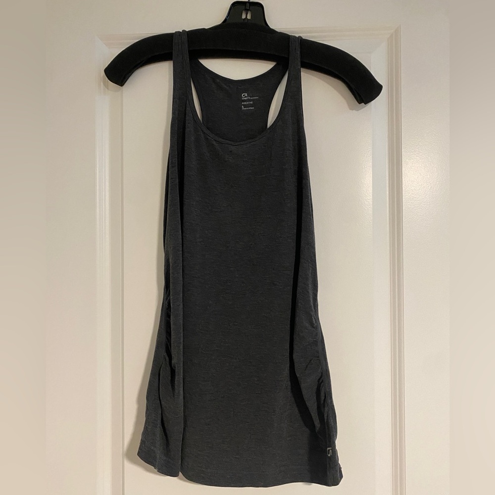 Gapfit stretch maternity workout racer-back tank, charcoal gray. Size Lg.